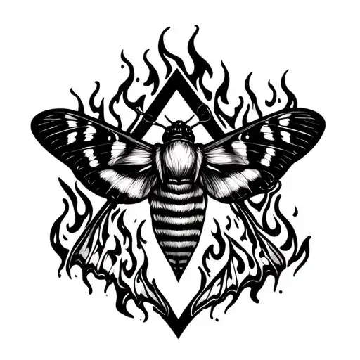 moth on fire flames with triangle shape tattoo design idea