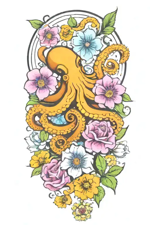 octopus, snowdrop, rose,  marigold flower tattoo design idea