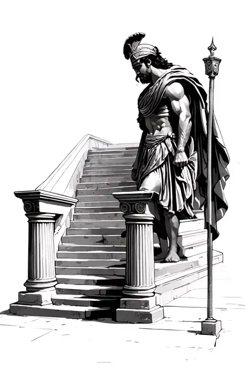 Greek Stair case with pillars on the side. And a Roman warrior facing frontwards for an arm sleeve tattoo design idea