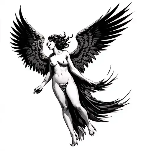 harpy woman with the upper torso of a woman and the lower half of a bird. wings for arms flying towards the sun tattoo design idea