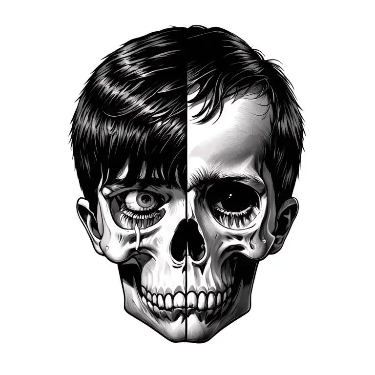 half boy sad face , half skull face, crying  tattoo design idea