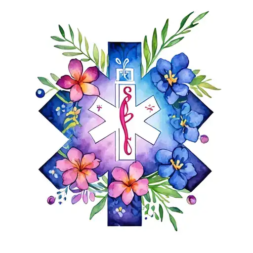 EMS star of life surrounded by Hawaiian flowers intertwined tattoo design idea