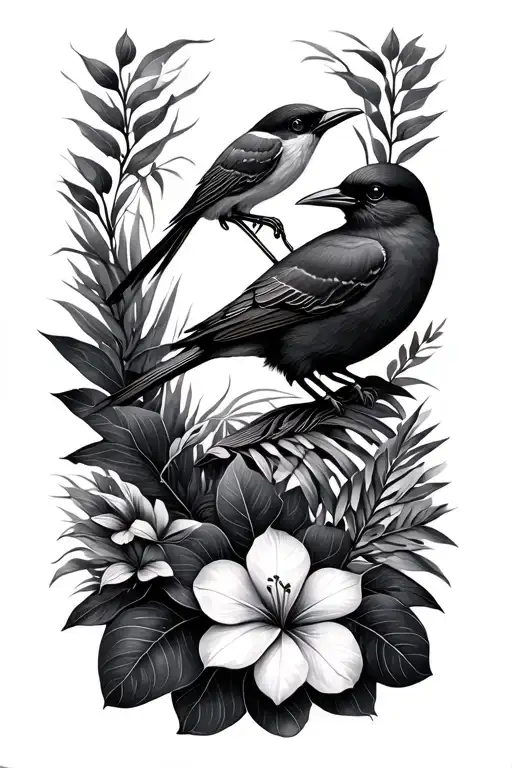 forearm sleeve Hawaiian birds and plants tattoo design idea