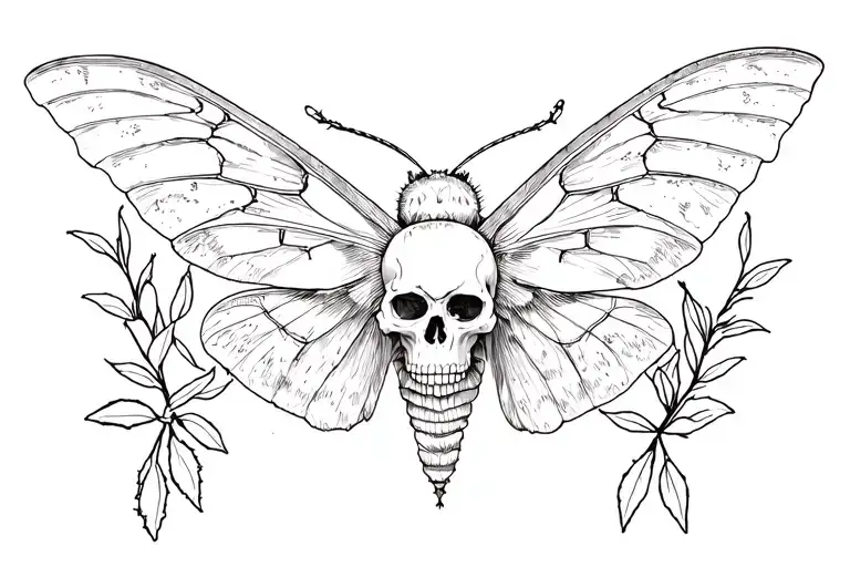 a tramp stamp with a death head moth and olive branches tattoo design idea