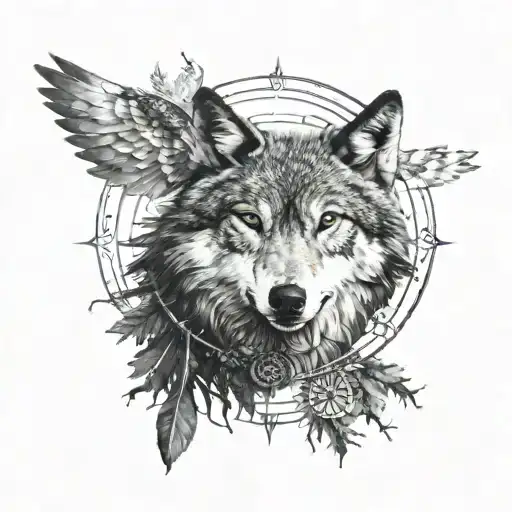 pineforest wolf compass owl flying tattoo design idea