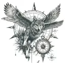 pineforest wolf compass owl flying tattoo design idea