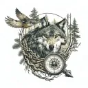 pineforest wolf compass owl flying tattoo design idea