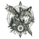 pineforest wolf compass owl flying tattoo design idea