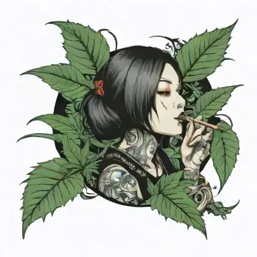 gothic woman smoking a blunt surrounded by weed leaves tattoo design idea