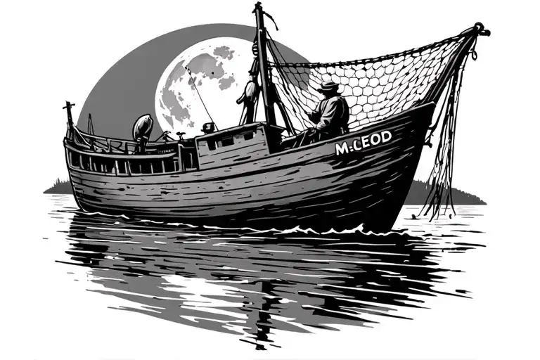Old fishing boat with McLeod as the name of the boat. fisherman net fishing in a creek with the moon shining down tattoo design idea