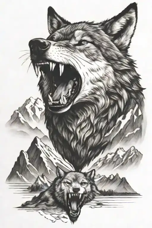 growling wolf face and rocky mountains inside tattoo design idea