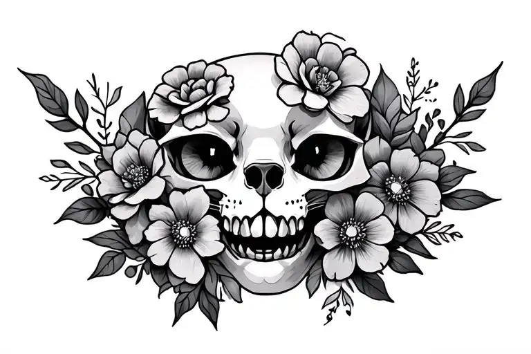 I want a forward facing cat skull with cool flowers to do on a throat area tattoo design idea