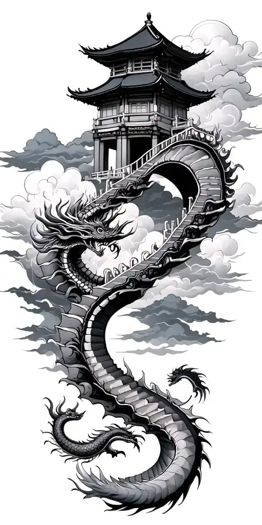 A Chinese temple at the top, with clouds, and a staircase leading to that temple, with a spiral dragon circling the stai tattoo design idea