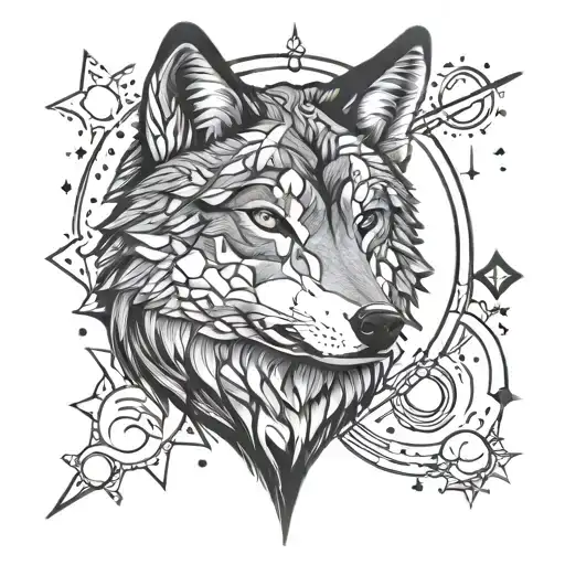 wolf face with space background, stars, planets tattoo design idea