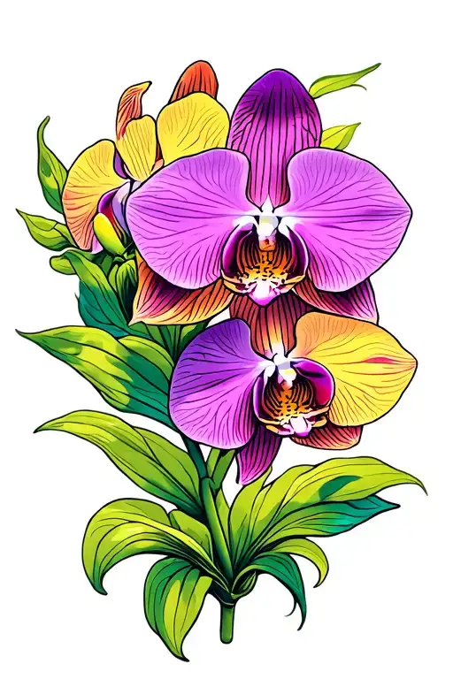 A traditional tattoo of a classic orchid design with bold lines and vibrant colors, reminiscent of vintage botanical illustrations tattoo design idea