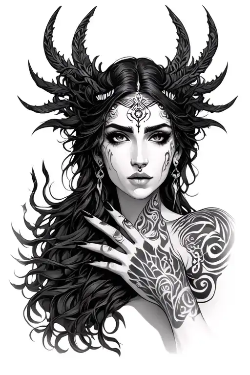 Hel goddess with a nose ring, an aegishjalmurtattoo on her forehead, her hand is shown with long nails, you can see her  tattoo design idea