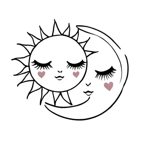 girly sun and moon with heart cheeks and bold eyelashes and eyebrows. they're side by side.the sun is melting the moon  tattoo design idea
