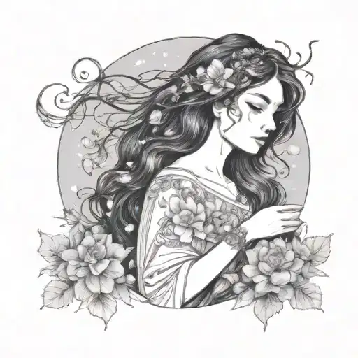 astral, girl with dark hair, beautiful, moon, witch, earth zodiac, moonstone, flowers forearm tattoo, nose ring, goddess tattoo design idea
