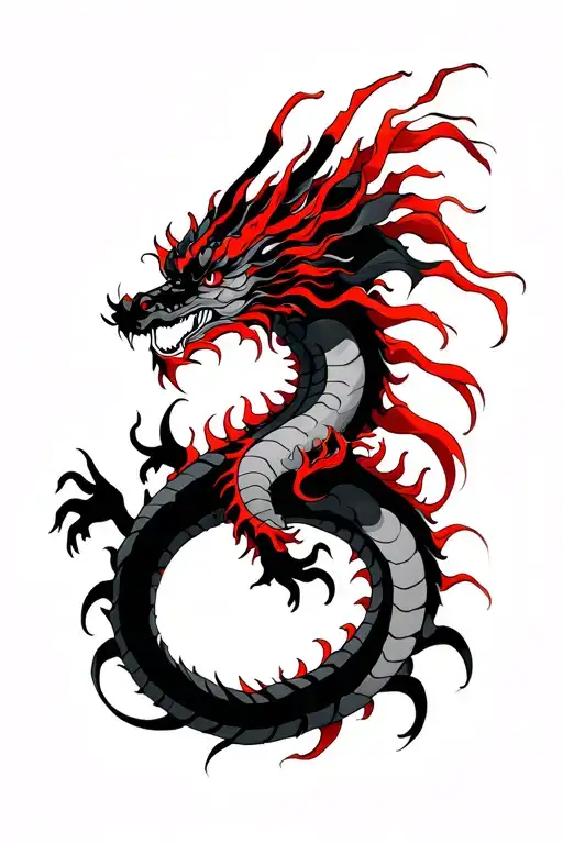 A long, black and red japanese dragon that has thin lines and is dainty for a feminine spine tattoo. tattoo design idea