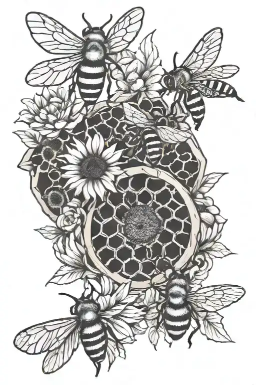 Honeybees honeycombs and sunflowers tattoo design idea