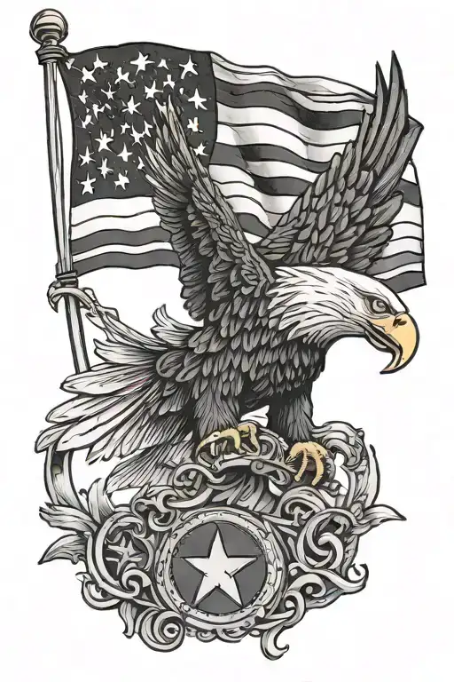 bald eagle holding AR 15 in front of American flag   tattoo design idea