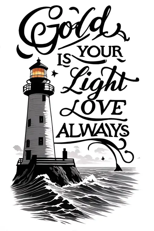 "God is your light love always " lighthouse guiding tattoo design idea