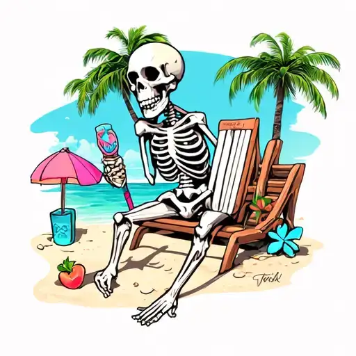 A skeleton enjoying a day at the beach with Miami Vice inspired colors tattoo design idea