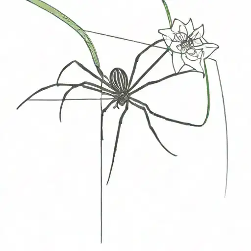 a black spider descends on a web from the stem of a horizontally lying spider lily tattoo design idea