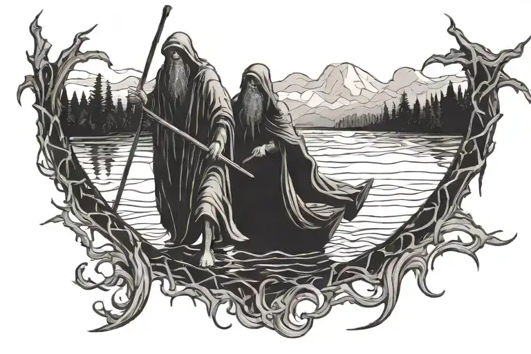 Charon swims across the Styk River, carrying souls to the world of the dead. tattoo design idea