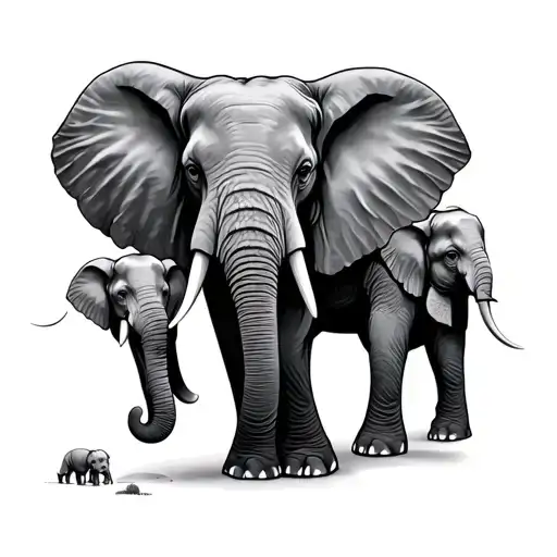 male elephant with 3 small elephants tattoo design idea