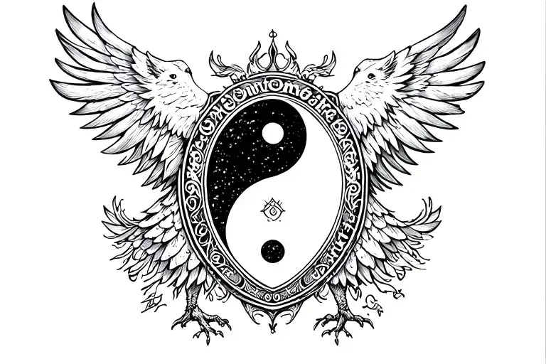 "Memento Amoris"  "Memento Amoris" Wolf eagle yin yang on a shield  tattoo design idea