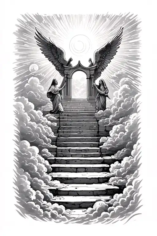 stairway to heaven walking up stairs angels sun rays clouds heaven gate at the top of the stairs  tattoo design idea