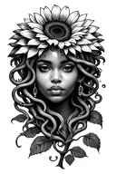 Medusa African American woman face sunflower tattoo design idea