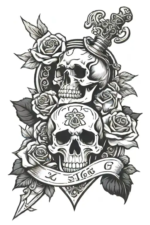 Dial coat of arms Irish rose daggers and skull tattoo design idea