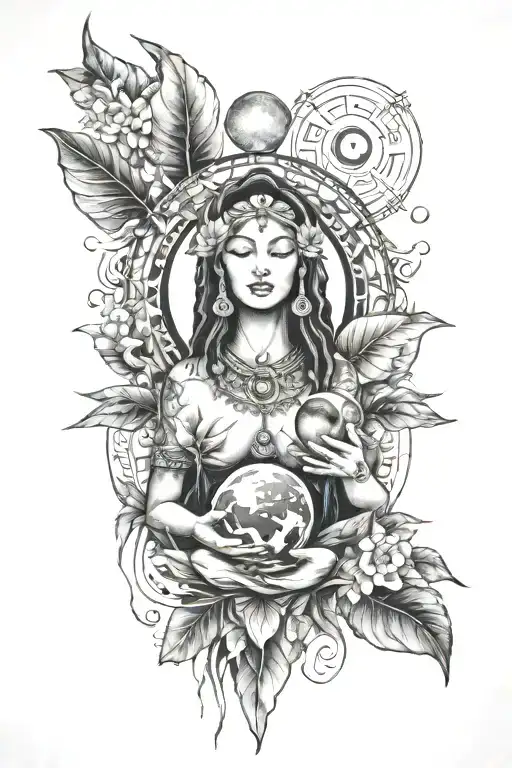 beautiful image of pachamama holding earth + mountain landscape + sun and moon + coco leaves and lotus tattoo design idea