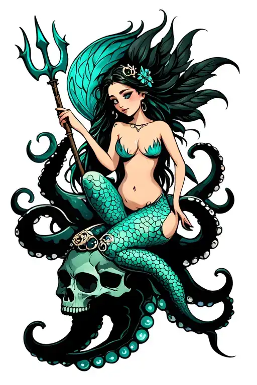 A siren mermaid is sitting on an octopus/skull hybrid and is holding a trident tattoo design idea