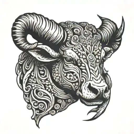 Half bull head merging with half ram head with Weight scales hanging from the horns  tattoo design idea