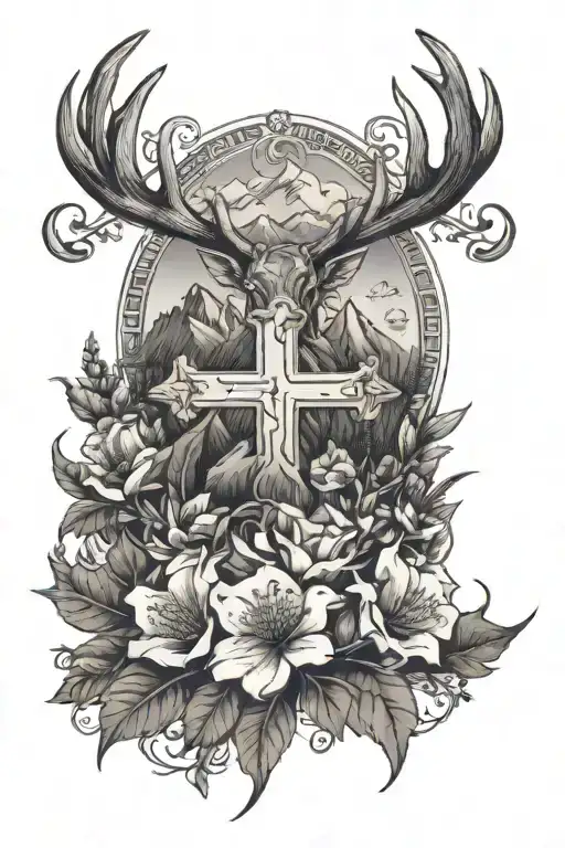 January flower with cross, antlers and mountain landscape tattoo design idea