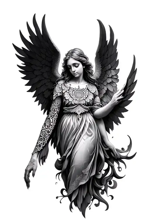 beautiful angel, with mandala geometric design on arm sleeve tattoo design idea
