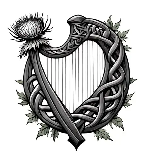 Scottish thistle with Irish Harp entwined in Celtic infinity knot  tattoo design idea