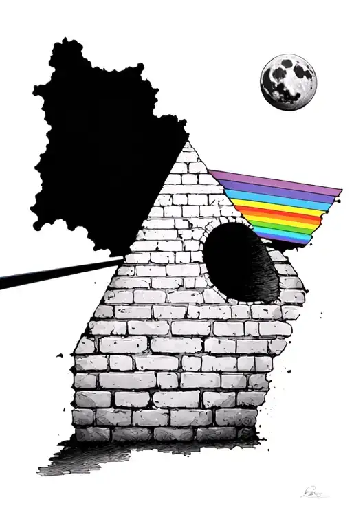 pink floyd dark side of the moon and small white brick wall with hole in it tattoo design idea