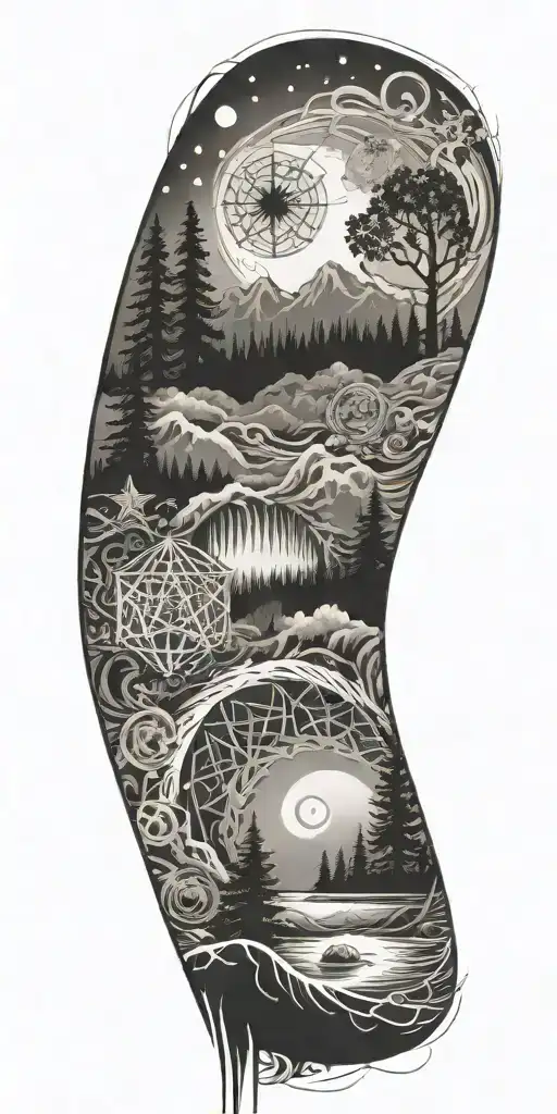 flowing waves, surrounded by a mystical forest scene, with subtle elements of sacred geometry and glowing stars in b&w tattoo design idea