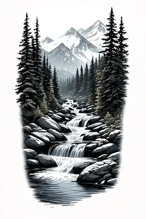 mountain stream with Forrest  tattoo design idea