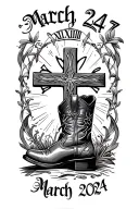 march 24  2007 in Roman numerals standing straight up with a cowboy boot leaning on a cross with march 23 2024 below it  tattoo design idea