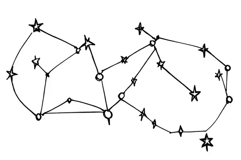 constellations leo, libra, aquarius, zodiac sign thin and clean lines connected stars, with more stars around tattoo design idea