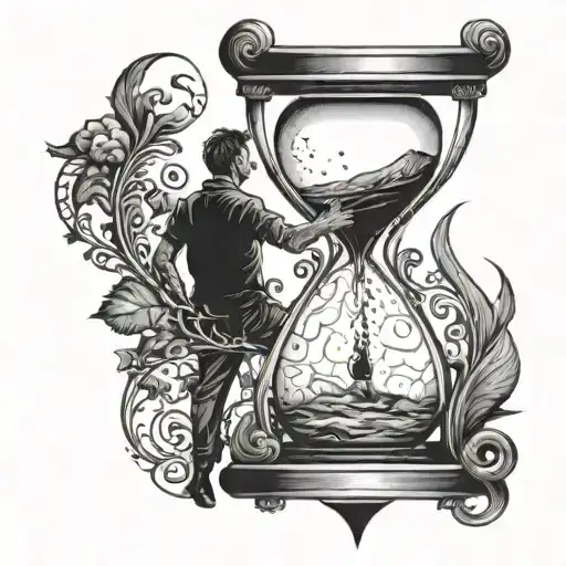 detailed hour glass with man trapped in the bottom  tattoo design idea