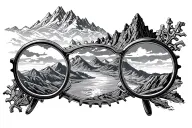 bicycle wheels which look like eyeglasses, through it you see mountains waterfalls sunsets the gears look like mountains tattoo design idea