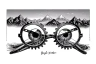 bicycle wheels which look like eyeglasses, through it you see mountains waterfalls sunsets the gears look like mountains tattoo design idea