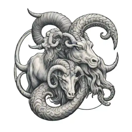celestial close up tattoo of Capricorn and Aries looking horizontally in opposite directions  tattoo design idea
