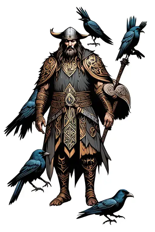 Viking with crows and witchcraft tattoo design idea